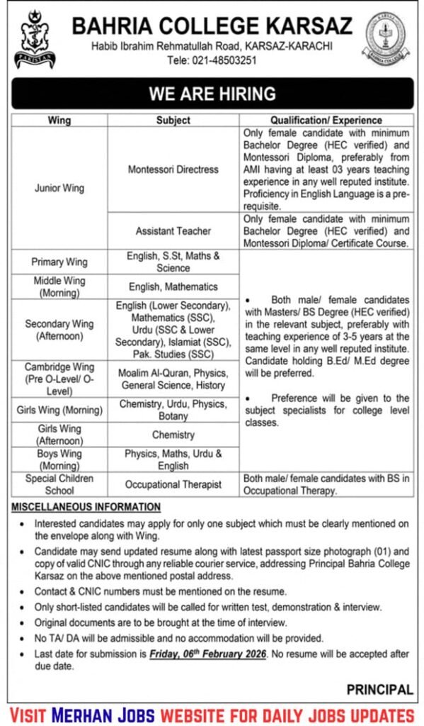 Bahria College Jobs 2026 in Karachi Advertisement