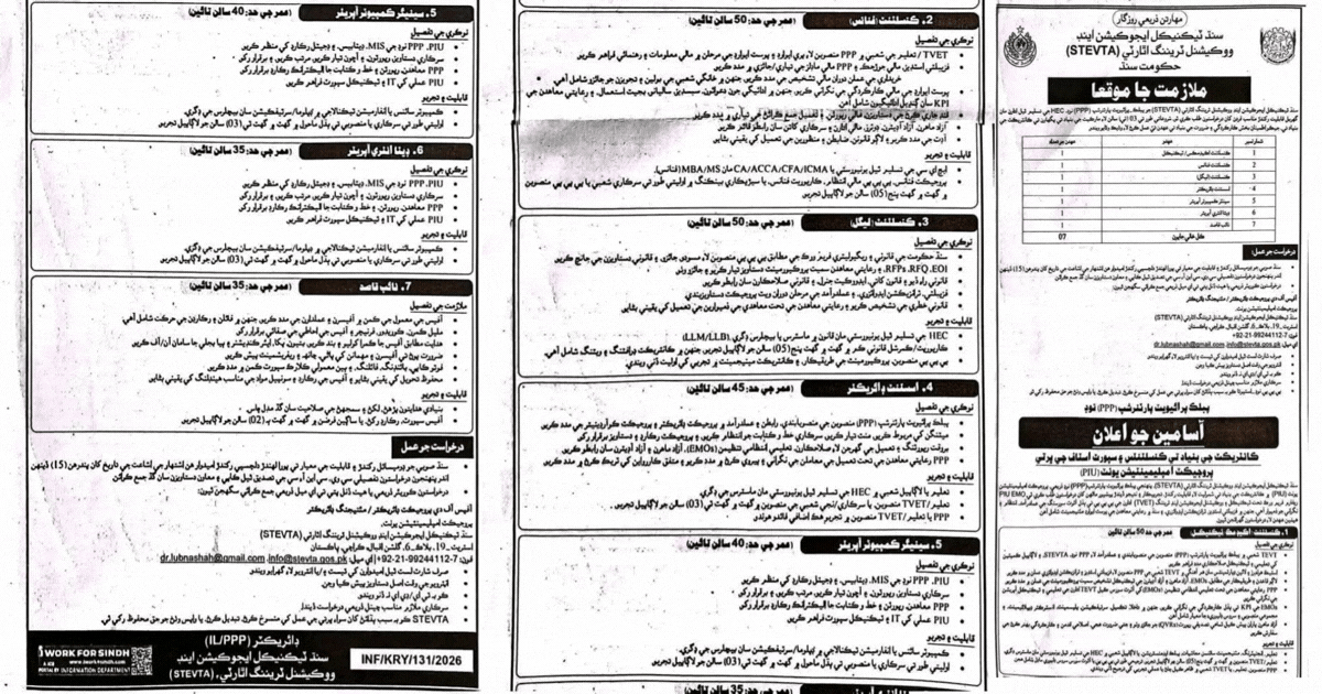 Sindh Technical and Vocational Training Authority STEVTA Jobs