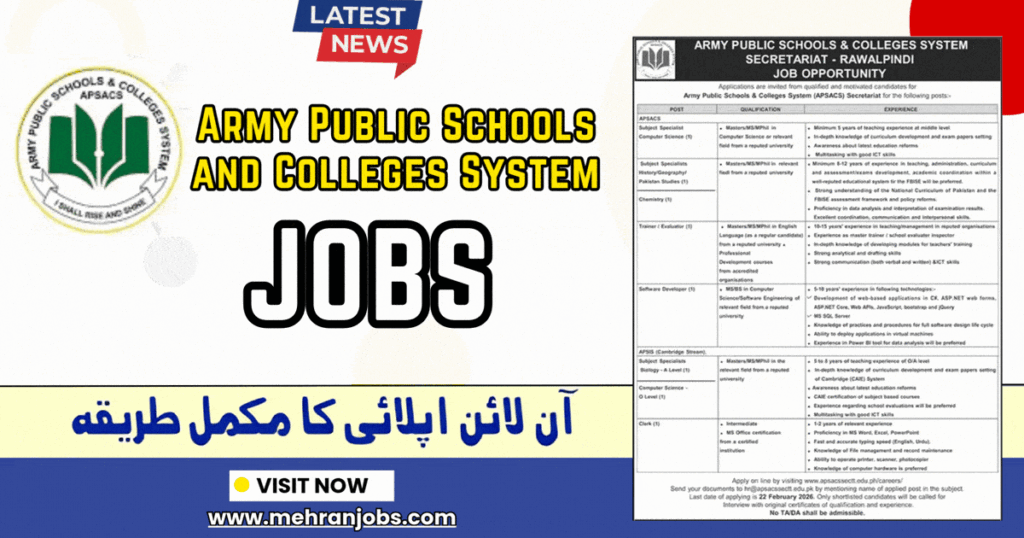 Army Public Schools and Colleges System - APSACS Jobs 2026 Rawalpindi