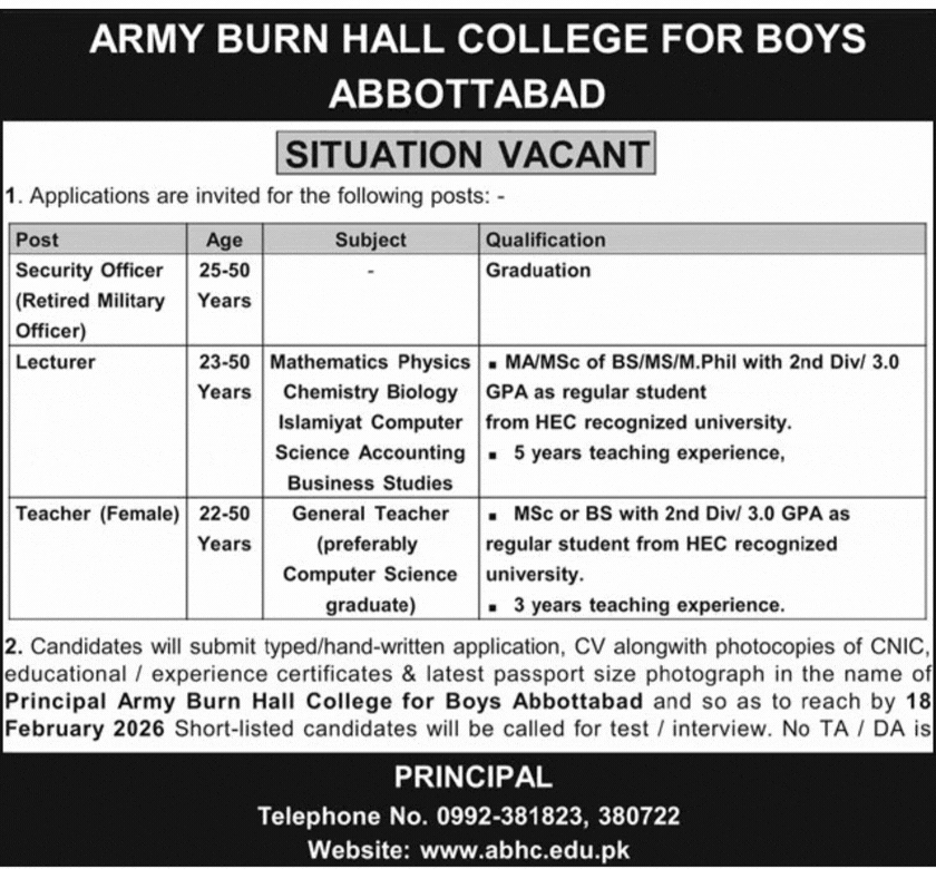 Army Burn Hall College of Boys Abbottabad Jobs 2026 February