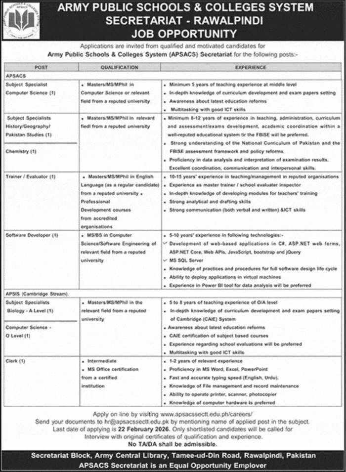 Army Public Schools and Colleges System - APSACS Jobs 2026 Rawalpindi 