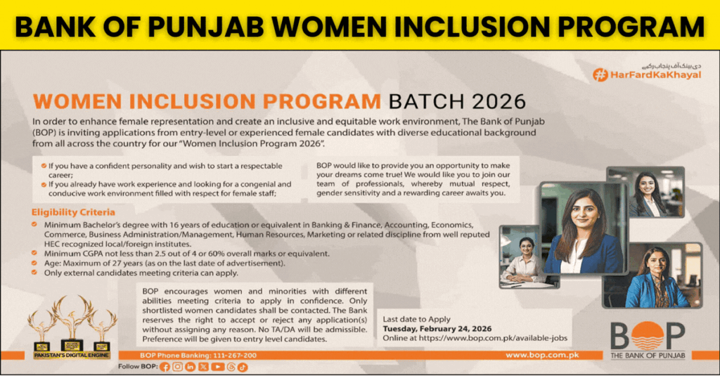 BOP Jobs - Bank of Punjab Women Inclusion Program 2026 February Apply Online