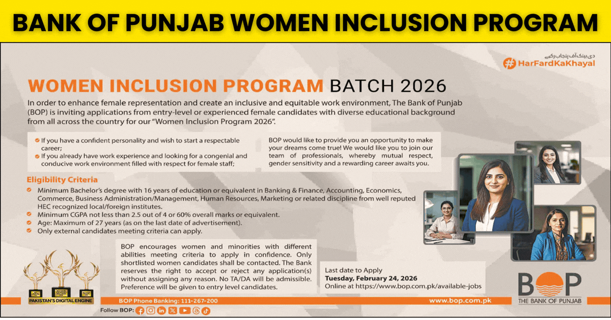 BOP Jobs - Bank of Punjab Women Inclusion Program 2026 February Apply Online 