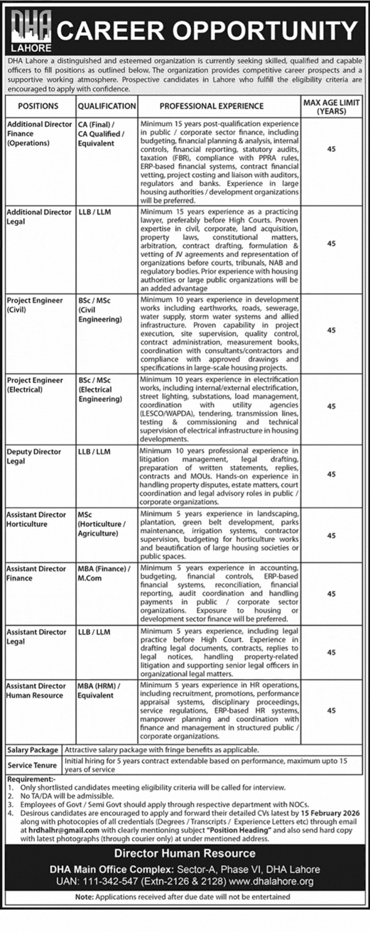 Defence Housing Authority DHA Lahore Jobs 2026 February