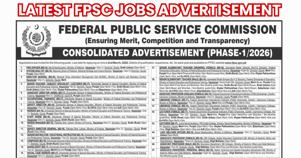 FPSC Jobs 2026 February Consolidated Advertisement No 01 2026 Apply Online