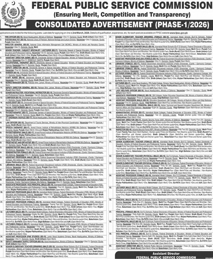 FPSC Jobs 2026 February Consolidated Advertisement No 01 2026 Apply Online 