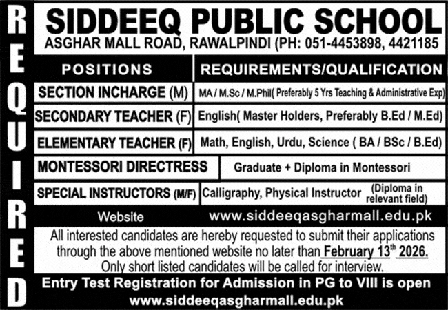 Siddeeq Public School Rawalpindi Jobs February 2026