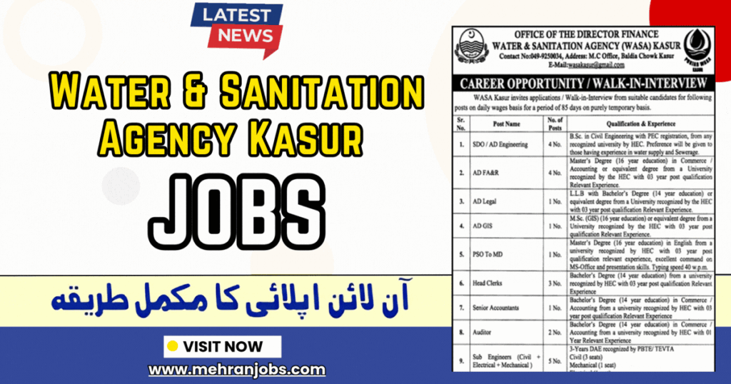 Water and Sanitation Agency Kasur Jobs 2026 February