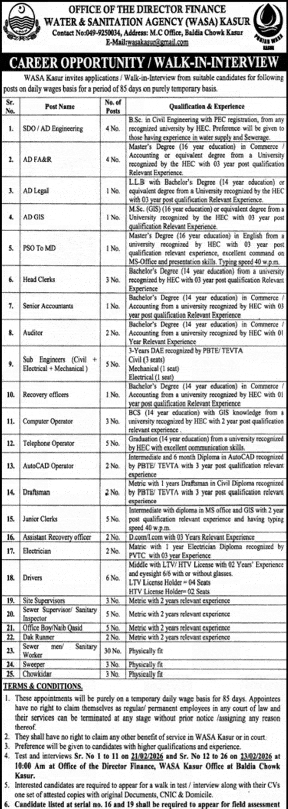 Water and Sanitation Agency Kasur Jobs 2026 February