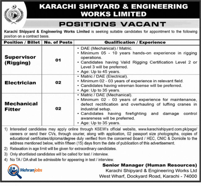 Karachi Shipyard and Engineering Works Jobs March 2026 Apply Online Electricians, Mechanical Fitters & Rigging Supervisor Latest