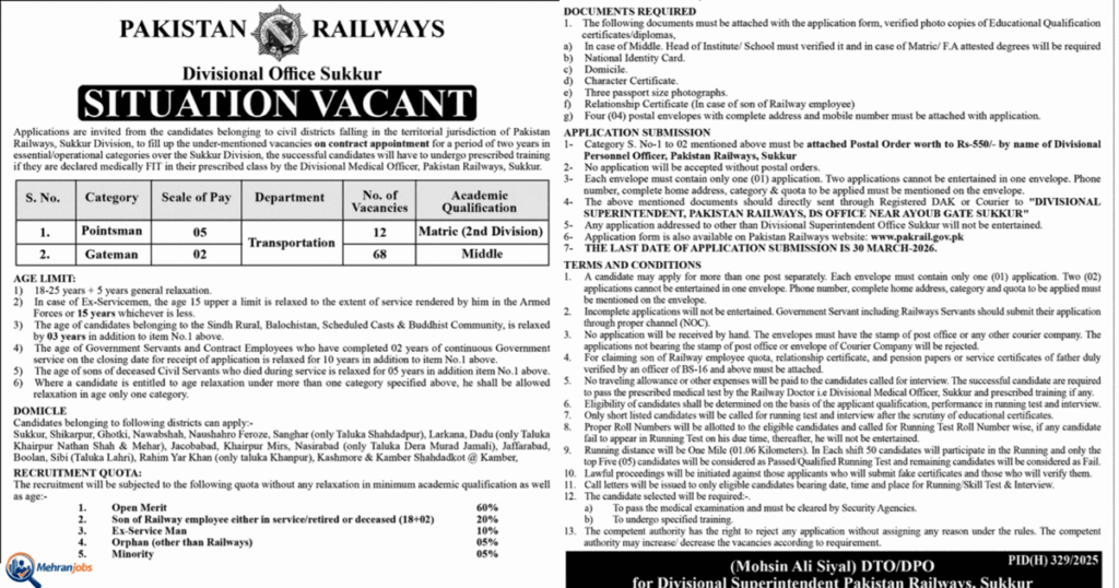 Pakistan Railways Jobs March 2026 Advertisement Gateman & Pointsman Application Form