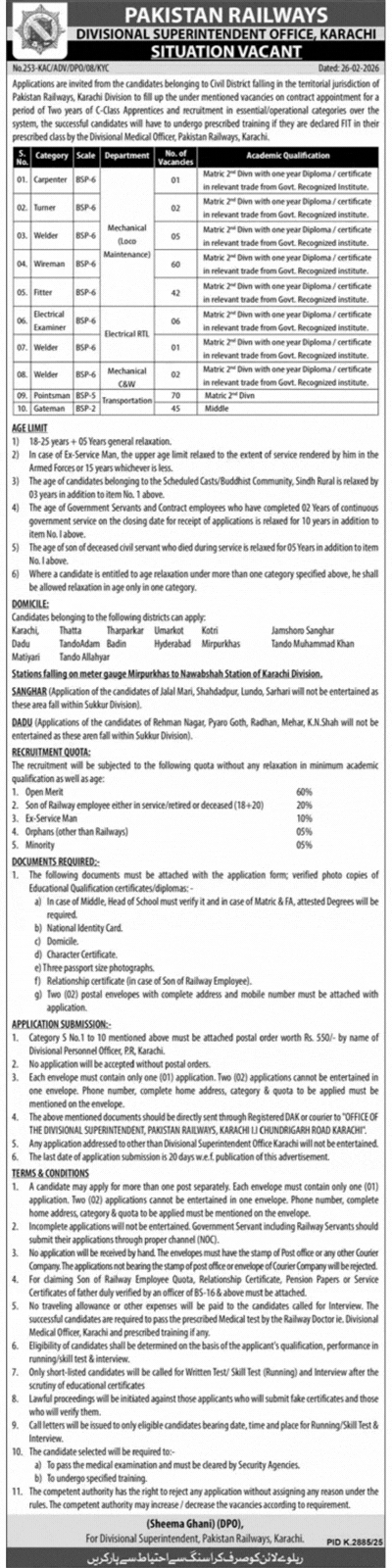 Pakistan Railways Karachi Division Jobs 2026 March
