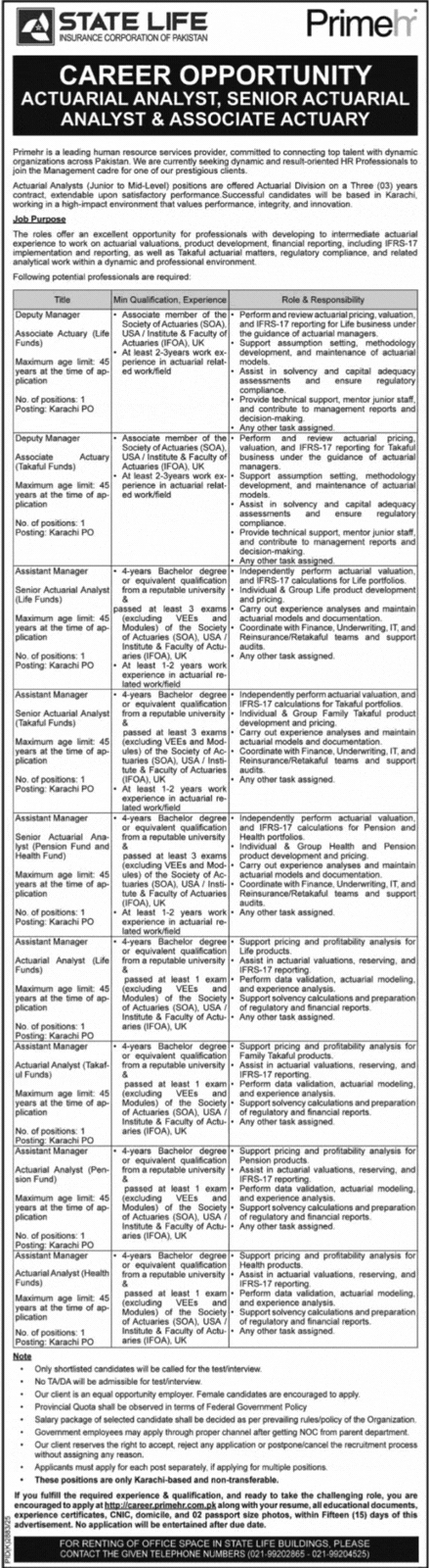 state life insurance corporation of Pakistan jobs march 2026 advertisement
