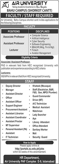 Air University Bahu Campus Jobs 2026 
