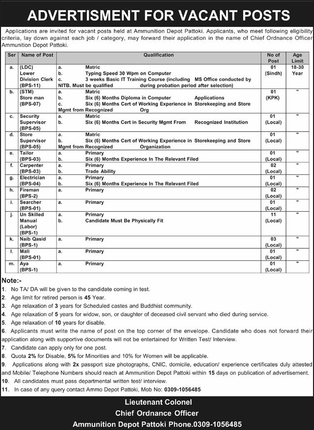 Ammunition Depot Pattoki Jobs April 2026