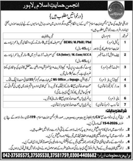 Anjuman Himayat-e-Islam Lahore Jobs 2026