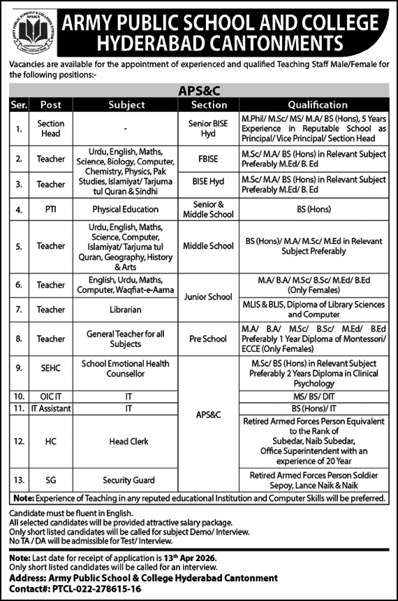 Army Public School teaching jobs 2026