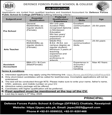 Defence Forces Public School & College Rawalpindi Jobs April–May 2026