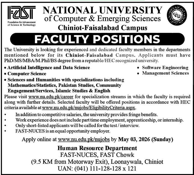 FAST University Chiniot-Faisalabad Campus Jobs 2026 – Teaching Faculty