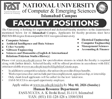 FAST University Islamabad Faculty Jobs 2026