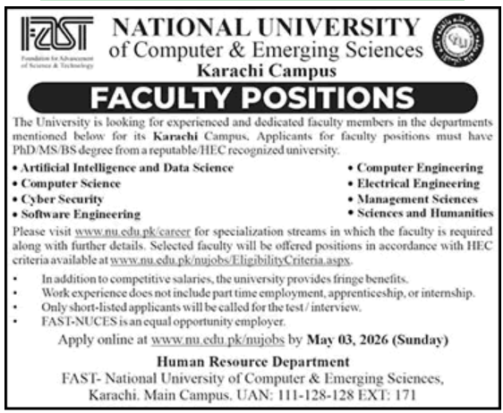 FAST University Karachi Faculty Jobs 2026