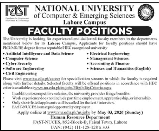 FAST University Lahore Faculty Jobs 2026