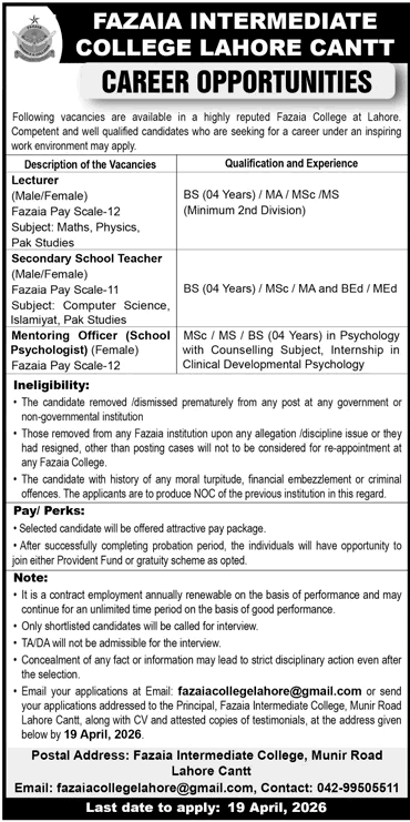 Fazaia Inter College Lahore Jobs 2026