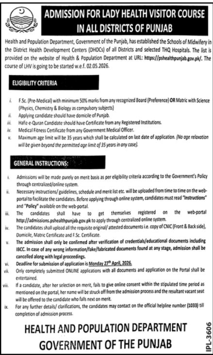 Lady Health Visitor Course Punjab 2026