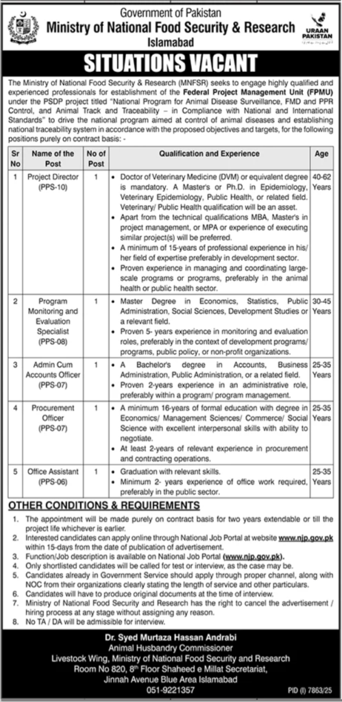 Ministry of National Food Security and Research Jobs 2026 in Pakistan