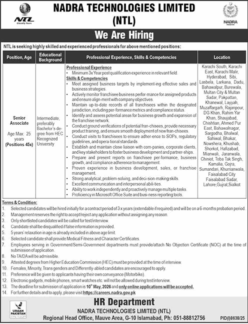 NADRA Technologies Limited Jobs April–May 2026