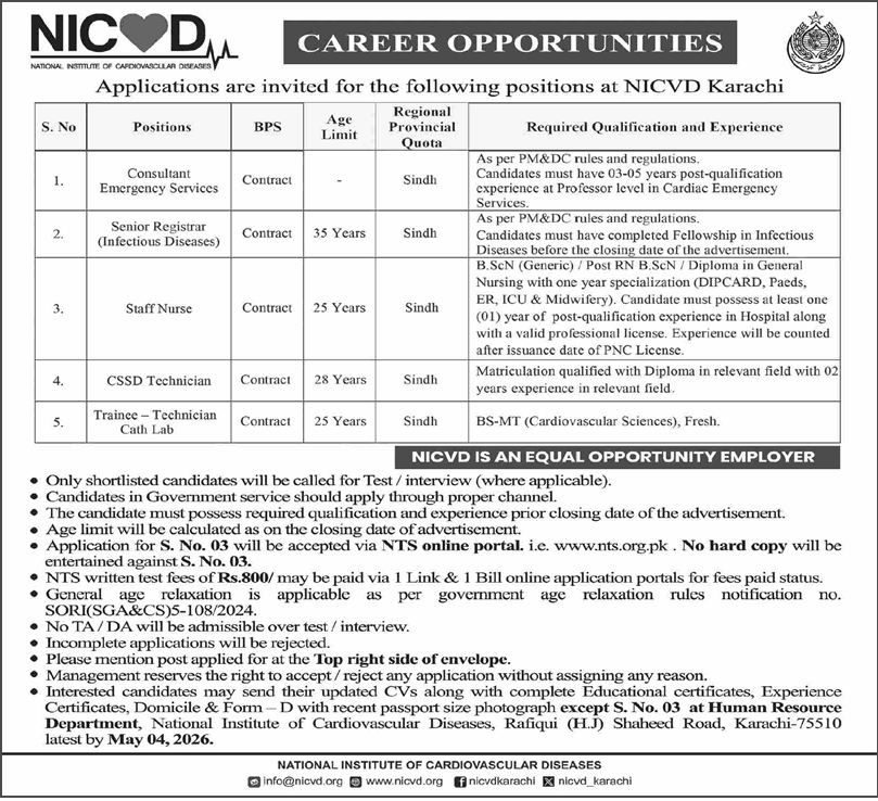 NICVD Karachi Jobs 2026 – Staff Nurse & Technicians