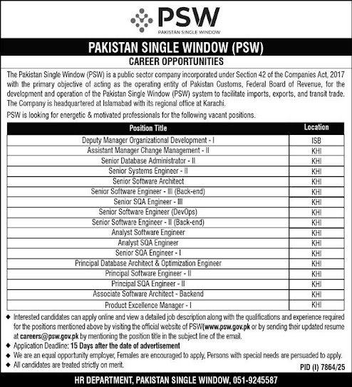 Pakistan Single Window (PSW) Jobs 2026