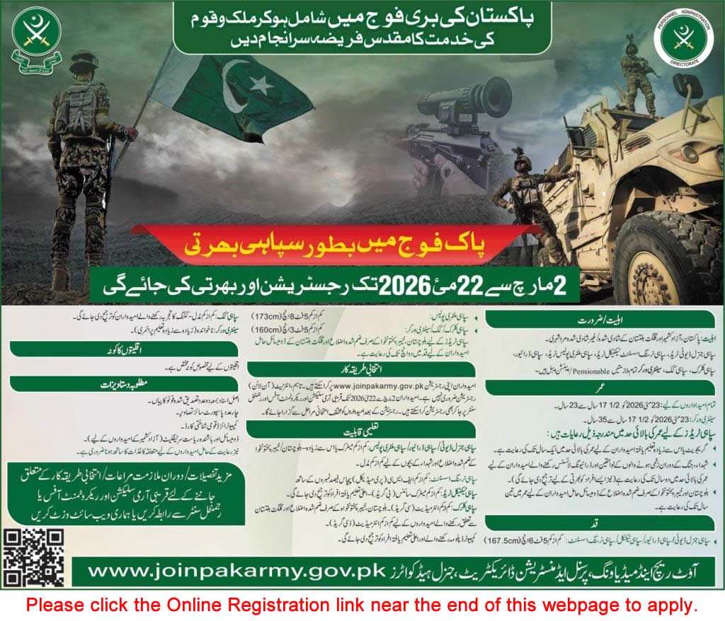Pakistan Army Sipahi Jobs April 2026