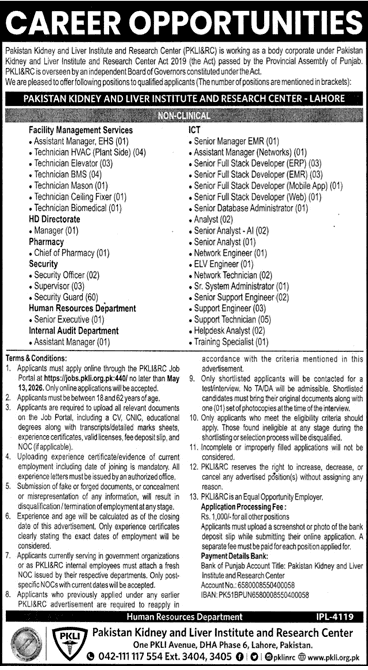 Pakistan Kidney and Liver Institute (PKLI) Lahore Jobs April–May 2026
