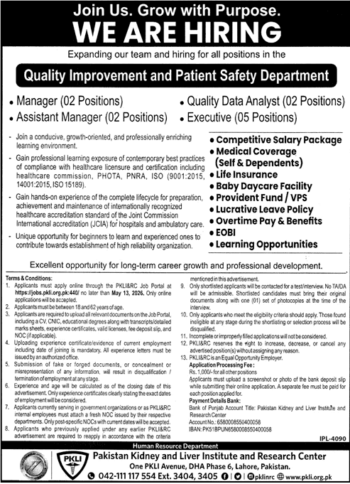 Pakistan Kidney and Liver Institute (PKLI) Lahore Jobs April–May 2026
