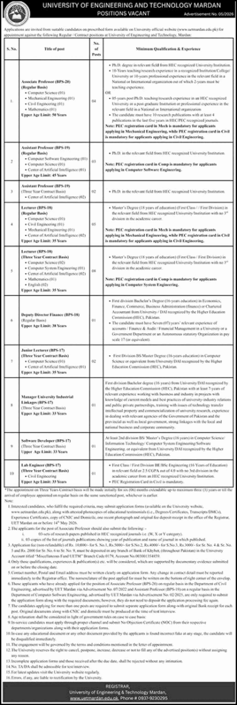 UET Mardan Jobs April 2026 – Teaching Faculty & Staff Opportunities