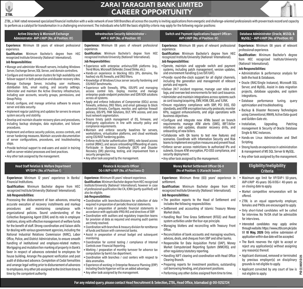 Zarai Taraqiati Bank Limited (ZTBL) Jobs April–May 2026
