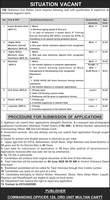 126 Ordnance Unit Multan Cantt Jobs May 2026 – Storeman, Drivers & Others