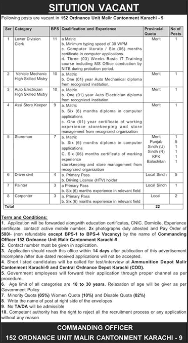 152 Ordnance Unit Malir Cantt Jobs May 2026 – LDC, Drivers, Storeman & More