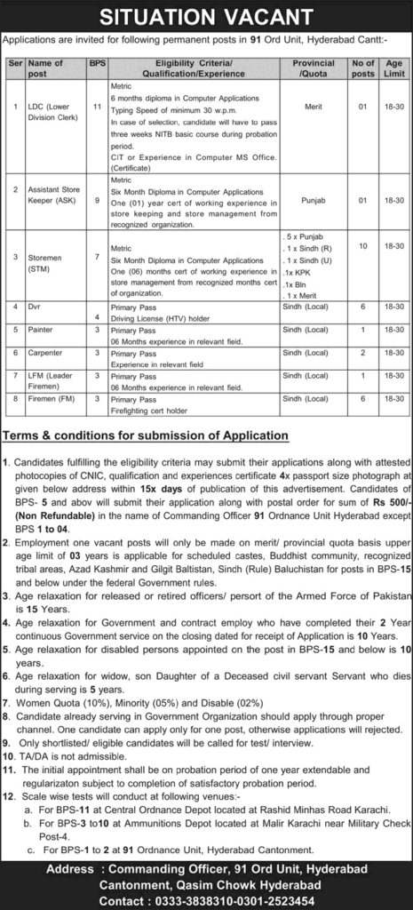 91 Ordnance Unit Hyderabad Cantt Jobs May 2026 – Storeman, Drivers, Fireman & Others