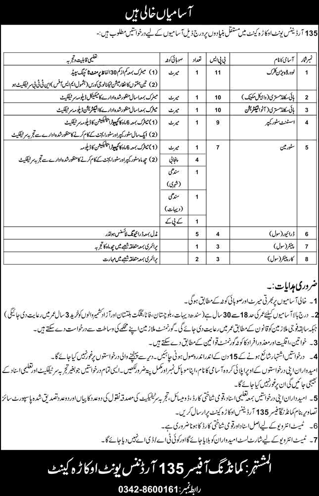 135 Ordnance Unit Okara Cantt Jobs May 2026 – Storeman, Drivers & Others