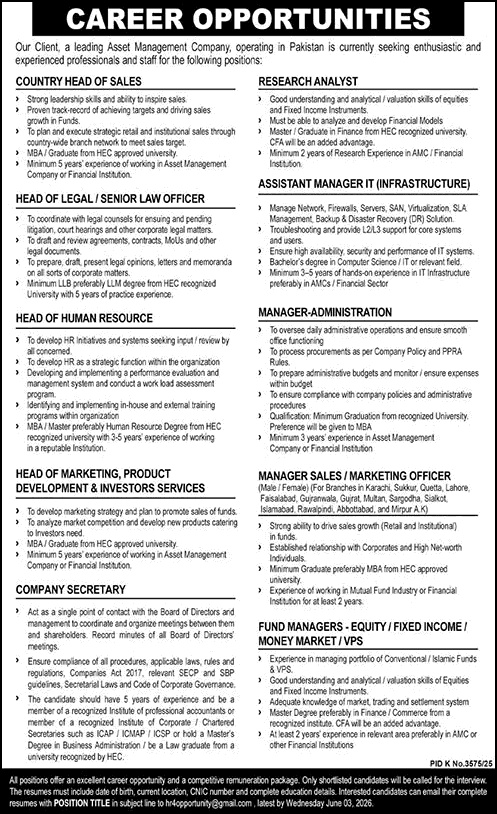 Asset Management Company Jobs 2026 in Pakistan for Sales, Marketing & Finance Professionals