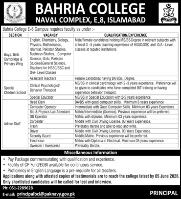 Bahria College Islamabad Jobs 2026 for Teaching Faculty and Staff