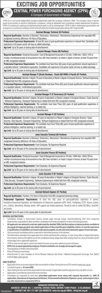 CPPA-G Jobs 2026 – Central Power Purchasing Agency Careers in Islamabad
