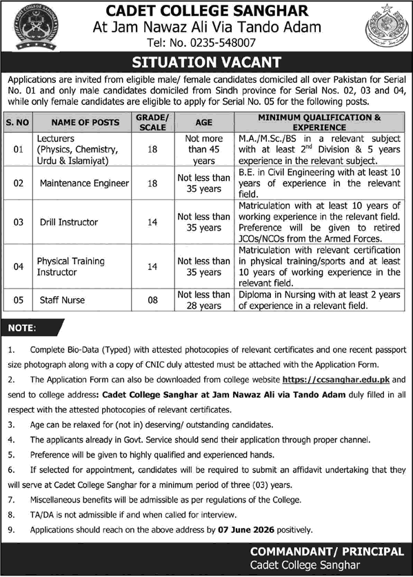 Cadet College Sanghar Jobs 2026 for Lecturers, PTI, Drill Instructor & Staff Nurse