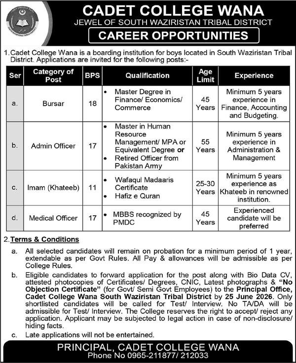 Cadet College Wana Jobs 2026 for Bursar, Admin Officer, Medical Officer & Khateeb