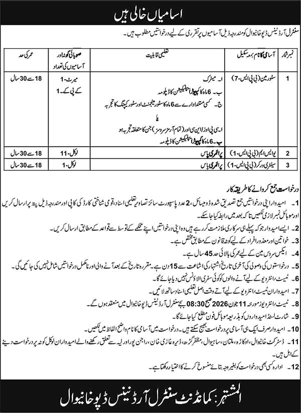 Central Ordnance Depot Khanewal Jobs 2026 for Storeman, USM Labour & Sanitary Worker in Khanewal