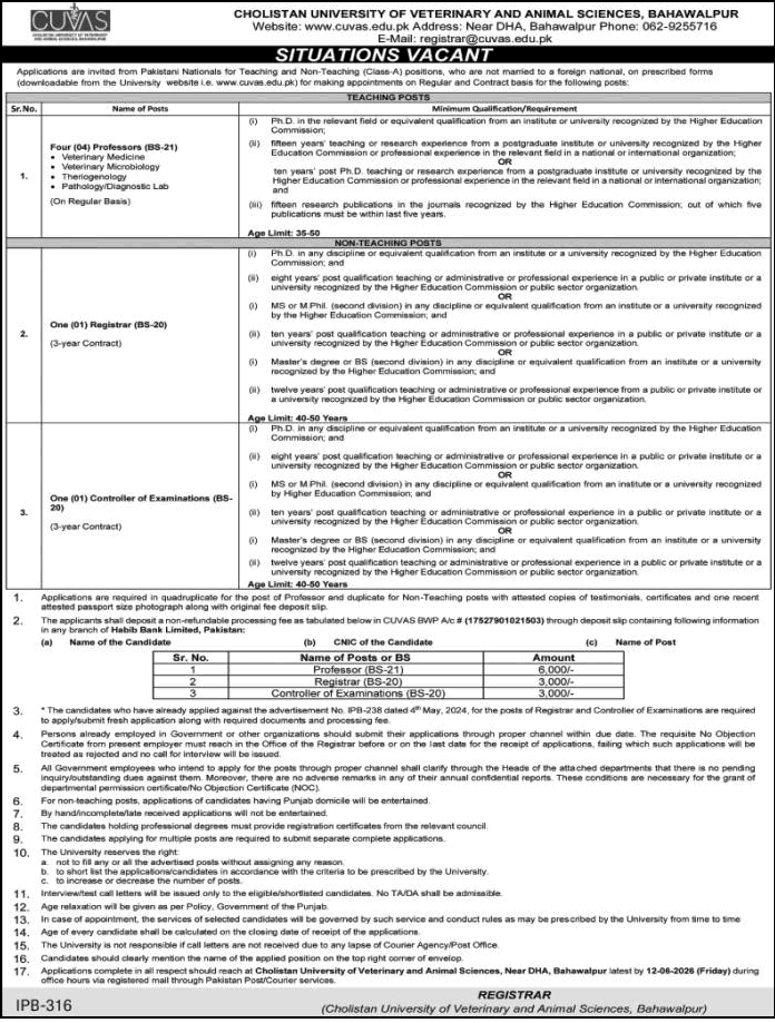 Cholistan University of Veterinary & Animal Sciences CUVAS Bahawalpur Jobs 2026