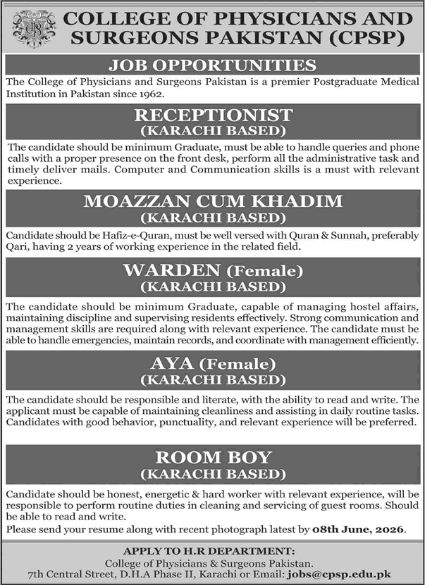 College of Physicians and Surgeons Pakistan CPSP Karachi Jobs 2026