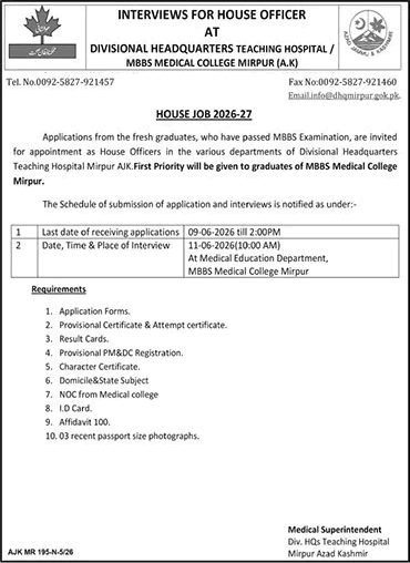 Divisional Headquarters Teaching Hospital Mirpur House Officer Jobs 2026
